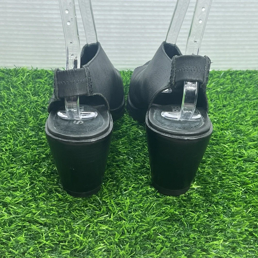 Sorel After Hour Black Leather Peep Toe Slingback Heeled Wedge Sandals Sz 10.5‎